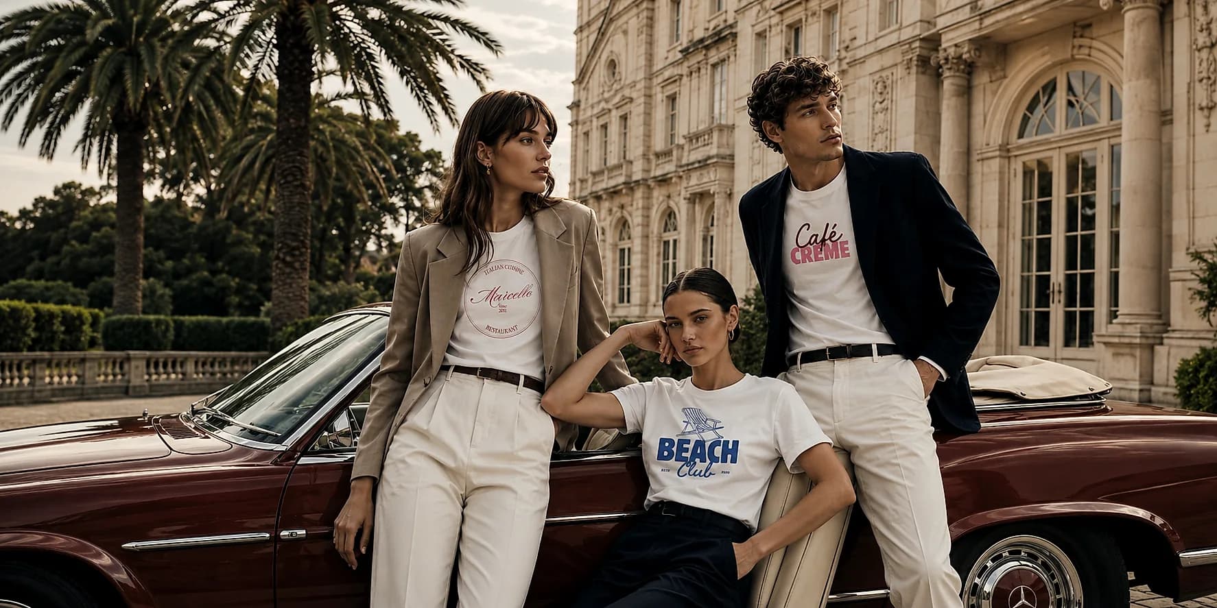 T-shirt personnalisé porté sur la Riviera, trio en tenue d'été