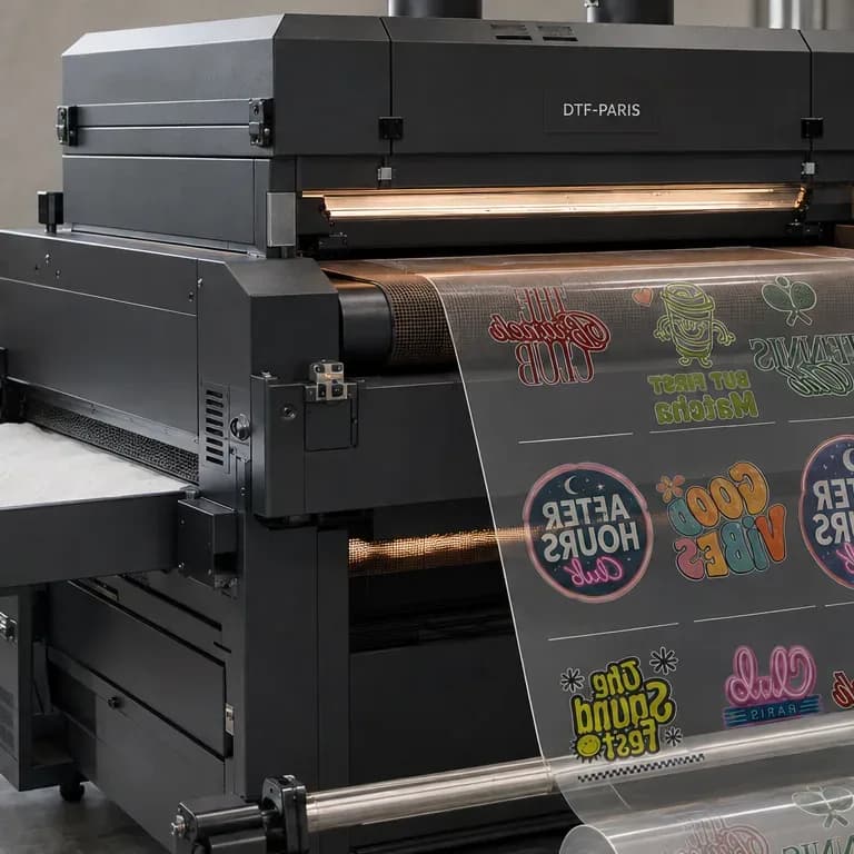 Broderie et impression personnalisées : imprimante DTF au mètre, film de logos multicolores en sortie de machine