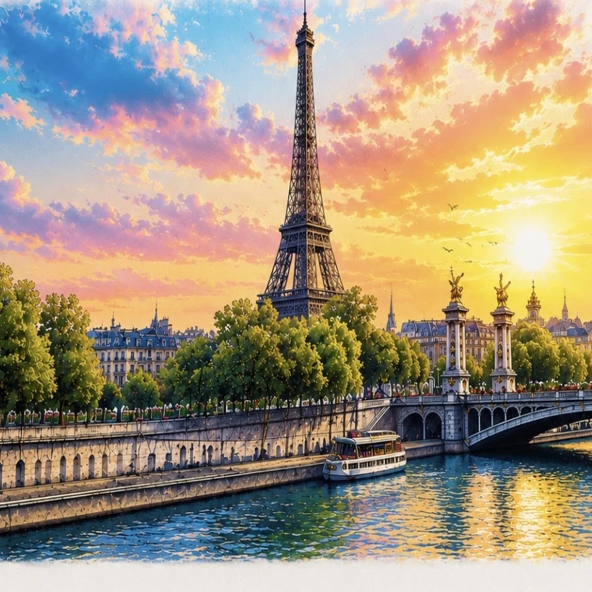 Broderie et impression personnalisées : tour Eiffel au coucher du soleil imprimée en DTF, pleine couleur